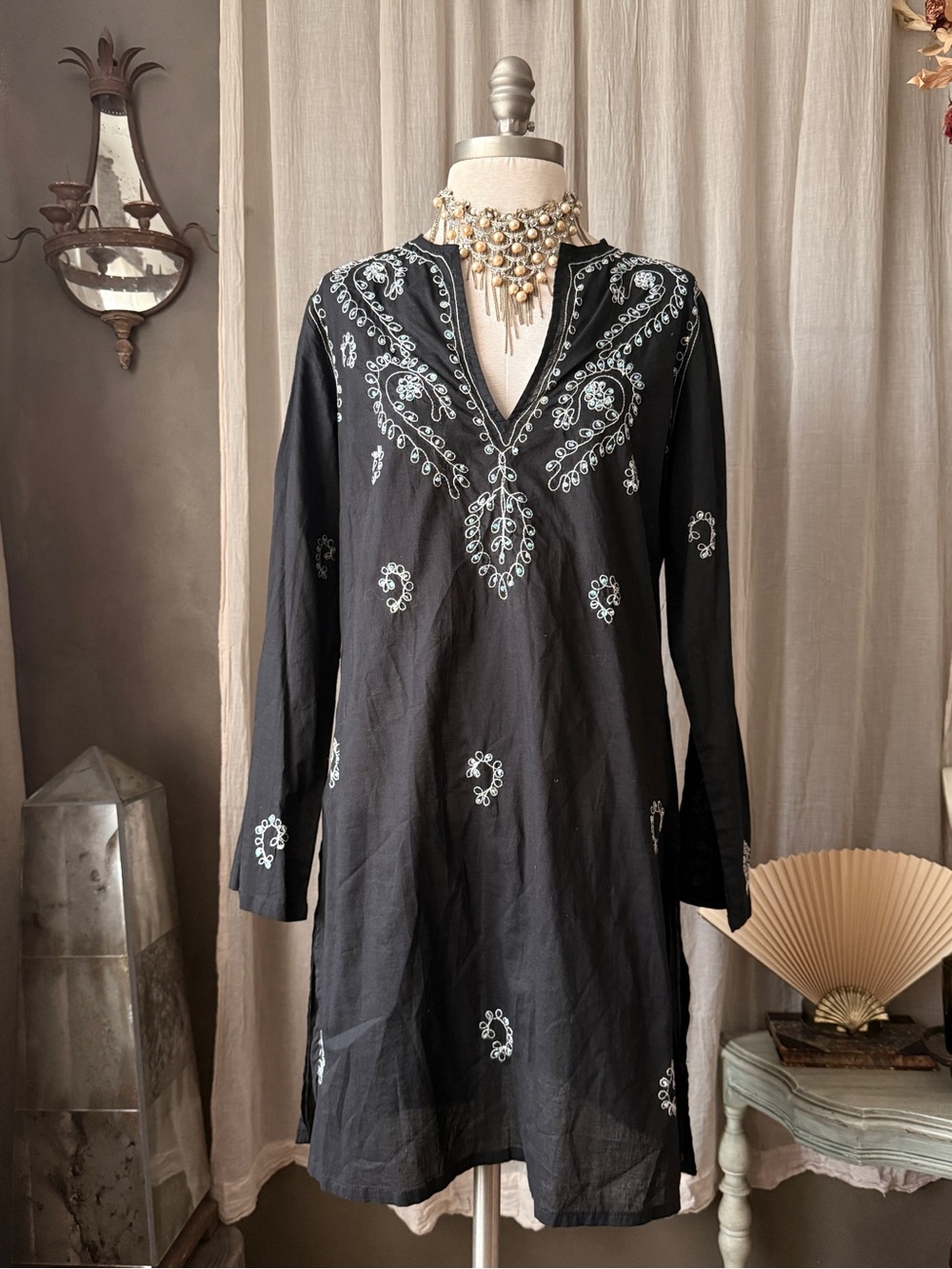 Vintage Indian Black Embroidered sequins V-Neck Tunic featival boho chic y2k